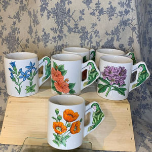 Set of 6 Vintage Floral Hummingbird Mugs